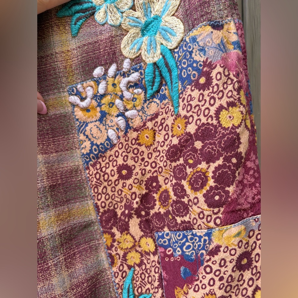 Free People Brooks Embroidered Wide-Leg Patchwork Pants Green Combo - Picture 13 of 15